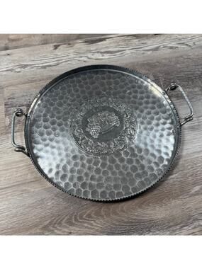 Vintage 1950s Cromwell Aluminum Serving Tray Hammered Fruit Engraved 13in